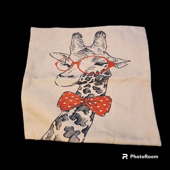 Giraffe With Bow Tie & Glasses Pillow Cover Hidden Zipper Linen - Picture 1 of 7
